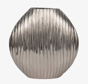 Modern Silver Metal <b>Vase</b> with Vertical Ribbed Texture Sculptural Pewter Finish Bud <b>Vase</b> with Wavy Fluted Design from India - Product Image 5