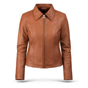 Veste en cuir véritable pour femme, couleur tan, col classique, coupe ajustée, fermeture éclair sur le devant, imperméable, automne-hiver, qualité supérieure - Product Image 1