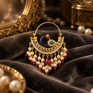 Vente en gros de bijoux de mariée indiens traditionnels plaqués or Kundan Nath, avec des perles et des pierres rouges et vertes - Product Image 4