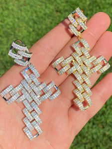 VVS Moissanite Diamond Link Cross Pendant Gold Plated <b>Chain</b> Necklace <b>Iced</b> <b>Out</b> Hip Hop - Product Image 1