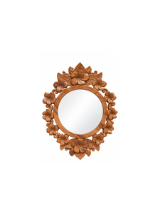 Espejo de pared decorativo clásico ovalado con marco de madera de teca maciza y diseño floral en el borde interior. - Product Image 1