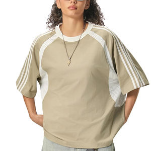 T-shirt ample en coton à manches courtes pour femme, style vintage, rayé, avec empiècements contrastants en maille, idéal pour le sport, la gym, le club ou le jogging - Product Image 5