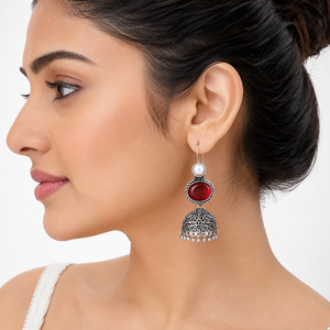 Pendientes Jhumka de Piedra Roja con Garantía Comercial |   Proveedor de Joyería Étnica de Plata Oxidada - Product Image 2
