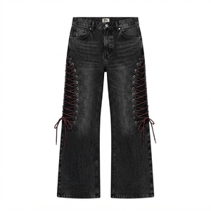 Jean en denim gothique pour homme, taille haute, coupe droite, avec broderie latérale à lacets, coupe classique, en coton délavé, style automne - Product Image 1