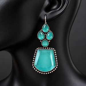 Vente en gros directe d'usine, boucles d'oreilles pendantes en argent oxydé tendance |   Bijoux Bohèmes en Pierre Turquoise - Product Image 2