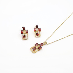 925 Sterling Silver Natural Red <b>Garnet</b> Pendant & <b>Earring</b> Set Gold Plated OEM ODM Fine Jewelry - Product Image 1