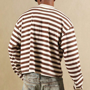 Premium Stitching Wholesale Men's <b>Brown</b> And White Striped O-Neck <b>Long</b> <b>Sleeve</b> Knitted T-Shirt Casual Style Plus Size Cotton <b>Top</b> - Product Image 2