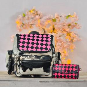 Leather Walla Elegant Checkered Pattern Genuine Cowhide Leather Fashion Lady Western Anti-theft <b>Waterproof</b> Large Backpack - Product Image 3