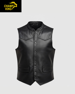 Gilet moto en cuir pour homme Champ King, col montant, couleur unie, style motard, veste d'extérieur, style automne - Product Image 1