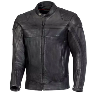 Blouson de moto en cuir véritable pour homme, noir, coupe ajustée, col montant, fermeture éclair, coupe-vent, style motard, pour l'automne - Product Image 4