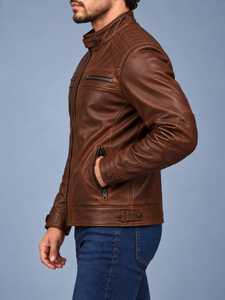 Chaqueta de Motociclista de Cuero Genuino Marrón para Hombre, Cuello Alto con Cremallera, Estilo Biker - Product Image 4