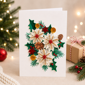 Carte de vœux artisanale personnalisée en quilling floral Poinsettia de Noël, vente en gros, fabricant de cartes cadeaux en papier, ODM/OEM numérique - Product Image 1