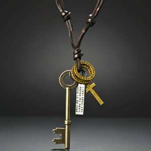 Silver Key of Faith Rhodium Plated Stainless Steel Pendant with Adjustable Leather Rope for Men - Product Image 5