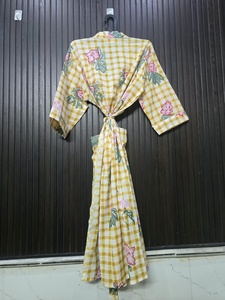 Bata Kimono de Algodón para Mujer, Cuello en V, Larga, Estampado Floral, Ligera, para Baño, Verano, Ropa de Estar por Casa, Camisón Informal - Product Image 6