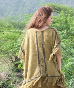 Handwoven Cream Cotton <b>Poncho</b> Kaftan Top with Olive Green Geometric Embroidery & Distressed Fringe Trim - Product Image 3