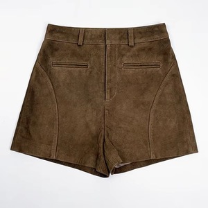 First Layer Goatskin Suede Women's 100 Real <b>Leather</b> Shorts New Retro High Waisted Slim Short <b>Skirts</b> Solid Color Regular Fit - Product Image 2