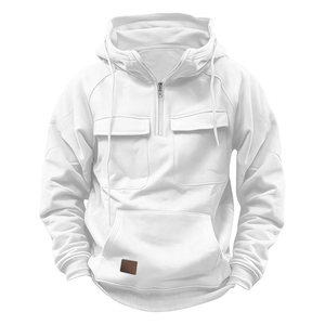 Men's <b>White</b> Hooded <b>Quarter</b> <b>Zip</b> Sweatshirt With Pockets Regular Fit Casual Fleece Autumn Wear - Product Image 1