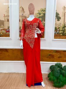 Top Quality Faux Georgette with Embroidery Zari & Semi-<b>Beads</b> work Ready to wear Saree-Readymade Matching Blouse Indian Exporter - Product Image 5