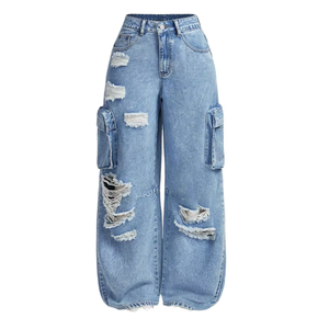 High Waist Wide Leg Distressed Denim Cargo Pants Loose Fit Full Length Cotton Casual Style Button Fly - Product Image 3