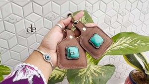 New Arrival 2026 Genuine Leather Key Rings Real Leather Turquoise Stone Western Stylish Key Chain Hot Sale <b>Mini</b> Bag - Product Image 3