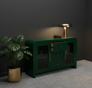 Aparador para Sala de Estar, Mueble Buffet con Tres Cajones Centrales y Dos Puertas Laterales con Frente de Vidrio, Diseño Moderno en Colores Dinámicos - Product Image 3