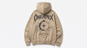 Sudadera con Capucha Extra Grande Color Beige Arena, Diseño Gráfico Desgastado, Estilo Urbano para Hombre, Algodón Grueso - Product Image 2