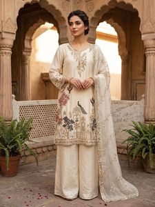 Designer Beads Work With Sequence Embroidery Work Fandy Silk <b>Top</b> With Plazzo And Dupatta Fully Stitched Ready To Wear Set - Product Image 2