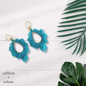 Saffron + Selene Handmade Beaded <b>Earrings</b> Turquoise Blue Gold Hook Fashion Statement Jewelry - Product Image 4