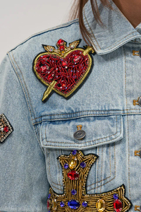 Women's <b>Denim</b> <b>Jacket</b> Set With Embroidered Patches <b>Cropped</b> Top And Wide Leg Jeans Casual Spring Summer Outfit - Product Image 3