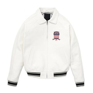 Sheep Skin Varsity <b>Jacket</b> Avirex <b>Men</b> <b>White</b> Windproof Embossed Appliques 3D Embroidery Avirex <b>Jackets</b> Vintage Style Thick Zipper - Product Image 1