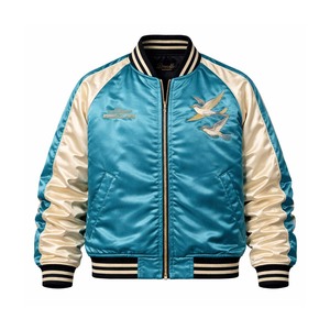 แจ็คเก็ตบอมเบอร์แบบกลับด้านได้ รุ่นพรีเมียม ขายส่ง สีเทอร์ควอยซ์ พร้อมลายปักดอกสวอลโลว์ สไตล์ฮาราจูกุ - Product Image 2