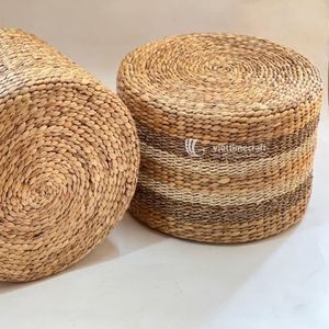 Handwoven Eco-Friendly Water Hyacinth Pouf Ottoman <b>Stool</b> with Linen Upholstery-Home Furniture for Living Room & <b>Bedroom</b> Decor - Product Image 3