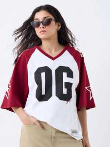 Camiseta de Algodón Transpirable para Mujer, Color Granate y Blanco, Manga Raglán, Cuello en V, Estampado con Transferencia Térmica, Talla Grande - Product Image 5
