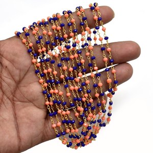 Chaîne de chapelet en lapis-lazuli bleu et hydro-citrine, perles rondelles facettées de 3 mm, chaîne de bijoux enroulée de fil plaqué or - Product Image 4