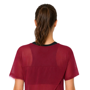 Overlap Back Yoga Shirt for Women <b>Sheer</b> Mesh Short Sleeve Round Neck Relaxed Fitness Top Curved Hem Studio Exercise Layering Tee - Product Image 4
