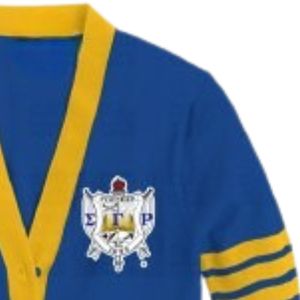 เสื้อคาร์ดิแกน Sigma Gamma Rho สีน้ำเงินรอยัลและสีทอง ปักลายตัวอักษรกรีกแบบกำหนดเอง เสื้อแจ็คเก็ตสเวตเตอร์ปักลายสำหรับชมรมนักศึกษา แฟชั่นวิทยาลัย - Product Image 2