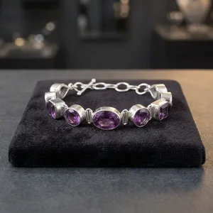 Bracelet géométrique en argent 925 avec améthyste, serti clos, chaîne classique, bijoux pour femme, à porter au quotidien - Product Image 2