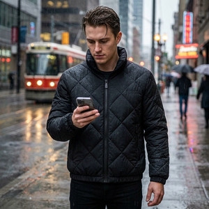 Blouson matelassé léger noir pour homme avec col montant, style streetwear décontracté, fermeture éclair intégrale, idéal pour l'hiver - Product Image 5