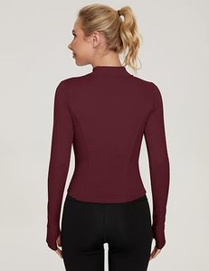 Top Deportivo de Manga Larga con Cierre y Cuello Alto para Mujer, Color Borgoña, Transpirable, Spandex, Poliéster, Color Sólido, Corte Ajustado, para Ocio - Product Image 3