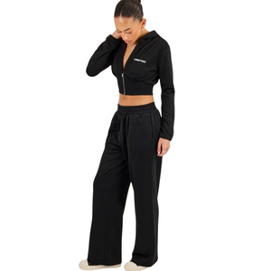 Womens Cropped Full Zip Hooded Tracksuit Set Slim Fit Long Sleeve Top Wide Leg <b>Trouser</b> Elastic Waist Two Piece Streetwear - Product Image 4