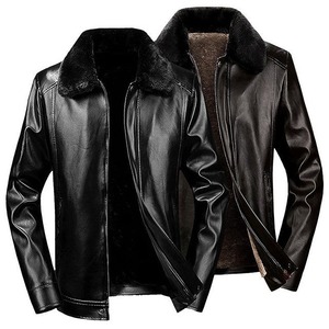 Veste en cuir PU noir personnalisée pour homme, logo sur le devant, col montant, fermeture éclair, manches longues, doublure en polaire, coupe-vent, hiver, OEM - Product Image 5