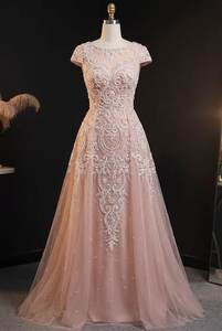 Vestido de Noche Rosa de Lujo con Cuentas, Manga Corta, Bordado de Perlas, Tul, Corte en A, Vestido de Fiesta para Mujer, Elegante Vestido para Invitadas de Boda - Product Image 3