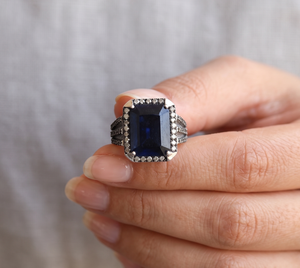 925 Sterling <b>Silver</b> Classic <b>Ring</b> Natural Rectangle Cut Faceted Claw Setting Blue Sapphire Gemstone Diamond IGI Certified - Product Image 1