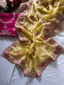 Sari de Seda Bordado de Lujo, Estilo Boutique Pakistaní e Indio de Bollywood, Último Modelo Exclusivo, Saree Étnico para Novias y Bodas - Product Image 5