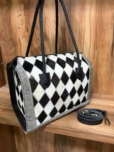 Handmade Genuine Hair On Cowhide Leather Patchwork Tote Bag | Women's Western Shoulder Handbag with Detachable Strap - Product Image 1