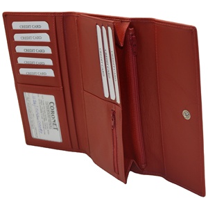 Women Genuine Leather Long Wallet Slim Button Closure Minimalist Clutch RFID Blocking Daily Use <b>Red</b> Polyester Lining - Product Image 5