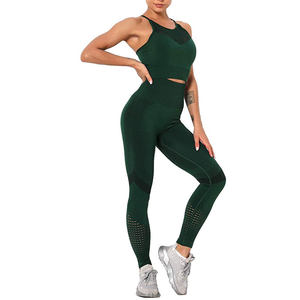 Green Yoga Set High Waist Full Length Leggings <b>Crop</b> <b>Top</b> 2 Piece Racerback Solid Color <b>Mesh</b> Breathable - Product Image 1