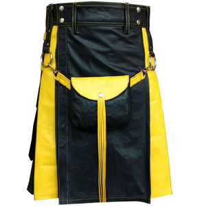 Kilt écossais hybride noir et jaune en cuir de vache, Sporran sur le devant, pour hommes - Product Image 2