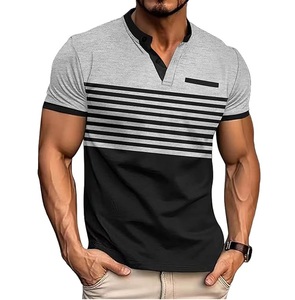 Camiseta Casual de Manga Corta con Cuello en V y Rayas para Hombre, Corte Ajustado, Diseño de Bloques de Color en Tejido - Product Image 1