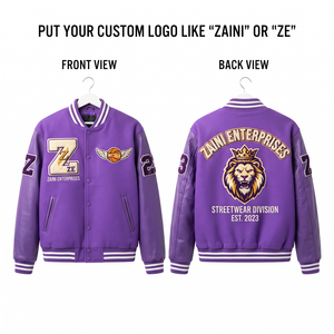 Premium 400 GSM Wool Blend <b>Varsity</b> <b>Jacket</b> <b>Purple</b> Body PU Leather Sleeve Panels Rib Knit Trim Custom Embroidered Logo - Product Image 1